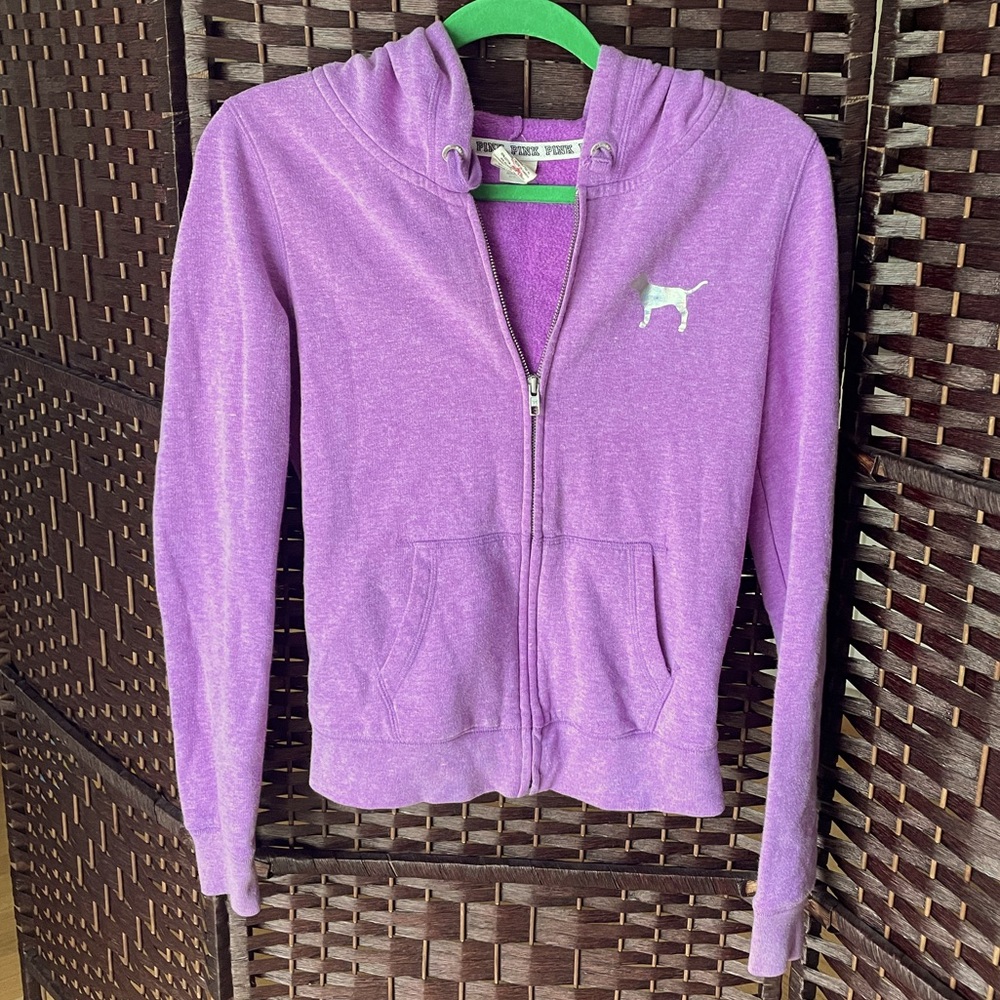 PINK Victoria’s Secret Purple Zip Up Hoodie with Holographic Logo - Size XSmall
